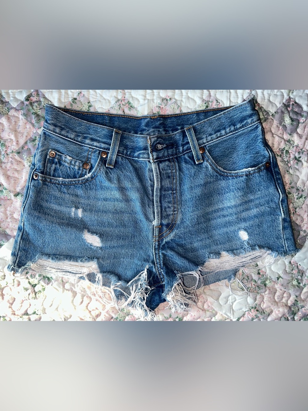Levi's 501 Distressed High Rise Button Fly Cut Off Denim Jean Shorts